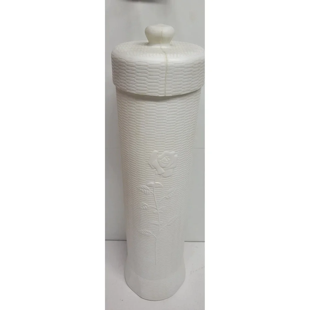 Vintage‎ White Plastic Rose Embossed Toilet Paper Holder Tissue Storage Canister
